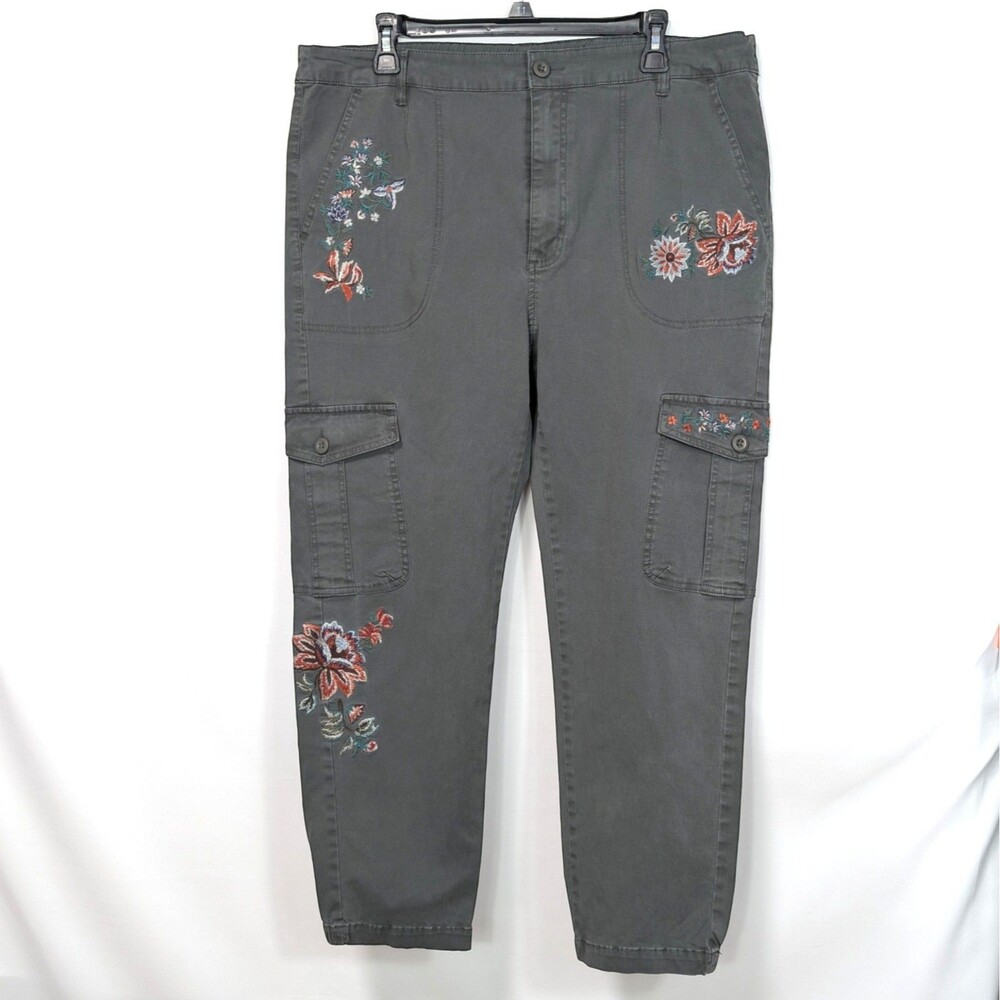 Sundance Floral Embroidered Cargo Pants Gray Cotton Stretch Womens 16 Flowers